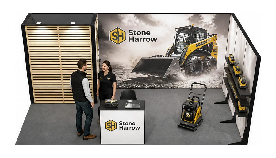 Stoisko 6 × 3 m narożne prawe dla branży maszyny budowlane, przykładowa marka Stone Harrow