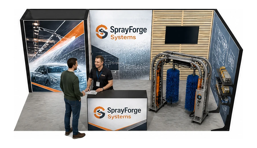 Stoisko 6 × 3 m narożne prawe dla branży myjnie i pielęgnacja aut, przykładowa marka SprayForge Systems