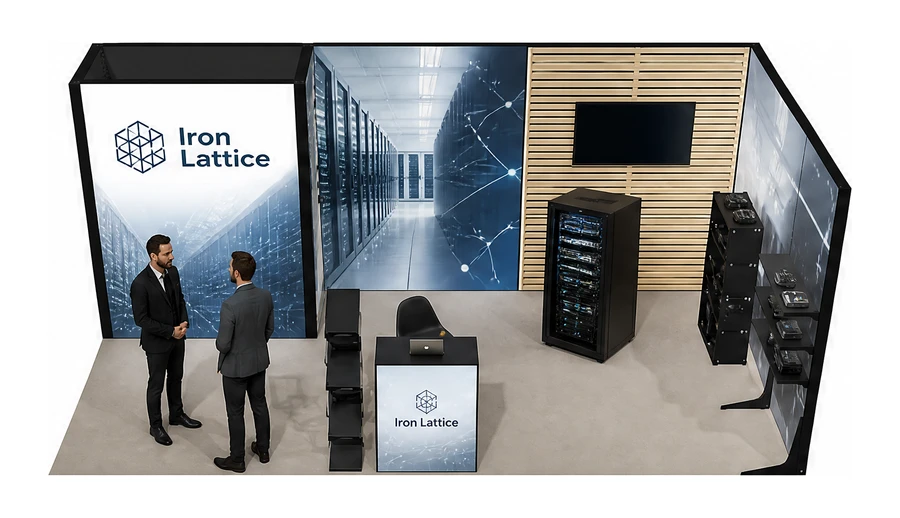 Stoisko 6 × 3 m narożne prawe dla branży infrastruktura IT i data center, przykładowa marka Iron Lattice