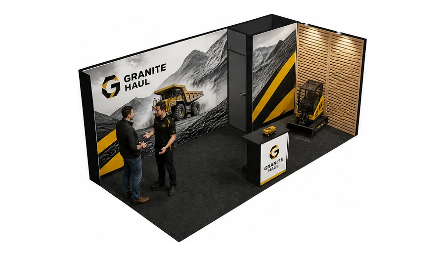 Stoisko 6 × 3 m narożne prawe dla branży maszyny budowlane, przykładowa marka Granite Haul