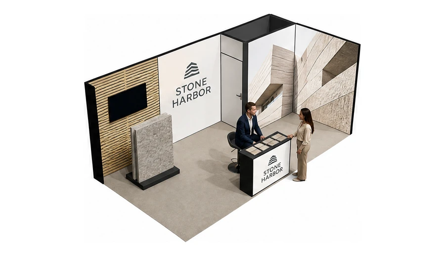 Stoisko 6 × 3 m narożne prawe dla branży materiały budowlane, przykładowa marka Stone Harbor
