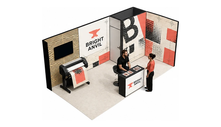 Stoisko 6 × 3 m narożne prawe dla branży reklama i druk, przykładowa marka Bright Anvil
