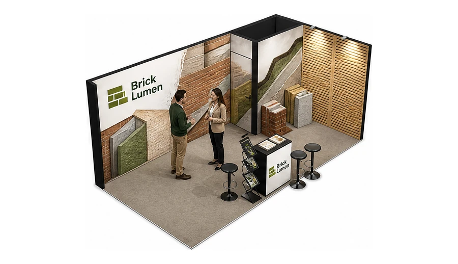 Stoisko 6 × 3 m narożne prawe dla branży materiały budowlane, przykładowa marka Brick Lumen