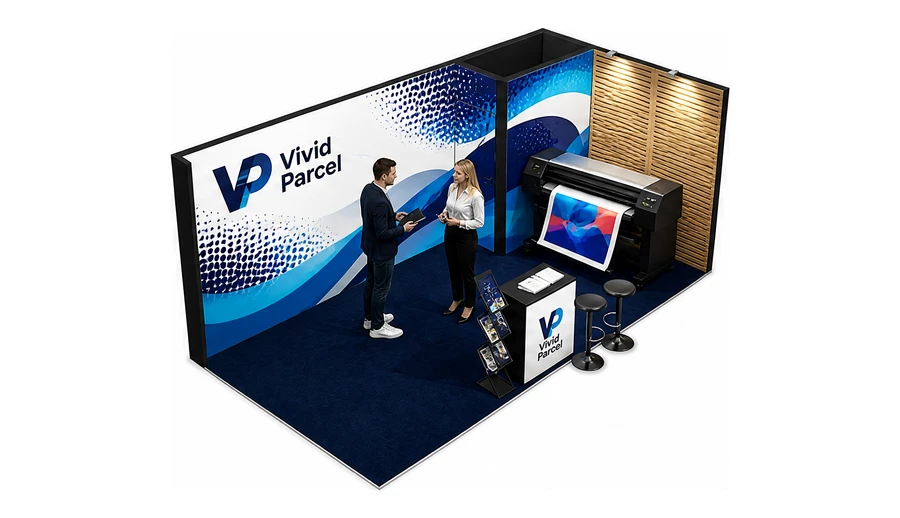 Stoisko 6 × 3 m narożne prawe dla branży reklama i druk, przykładowa marka Vivid Parcel