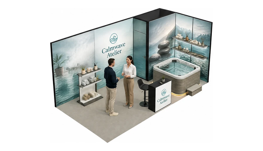 Stoisko 6 × 3 m narożne prawe dla branży spa i wellness, przykładowa marka Calmwave Atelier