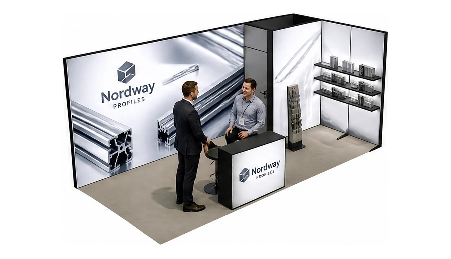 Stoisko 6 × 3 m narożne prawe dla branży profile aluminiowe, przykładowa marka Nordway Profiles