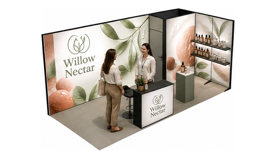 Stoisko 6 × 3 m narożne prawe dla branży kosmetyki naturalne, przykładowa marka Willow Nectar