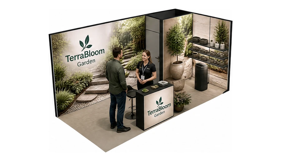 Stoisko 6 × 3 m narożne prawe dla branży ogród i architektura krajobrazu, przykładowa marka TerraBloom Garden