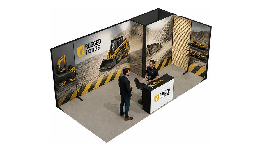 Stoisko 6 × 3 m narożne prawe dla branży maszyny budowlane, przykładowa marka Rugged Forge