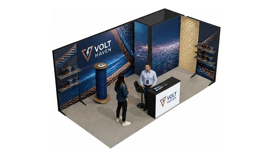 Stoisko 6 × 3 m narożne prawe dla branży kable i elektrotechnika, przykładowa marka Volt Haven