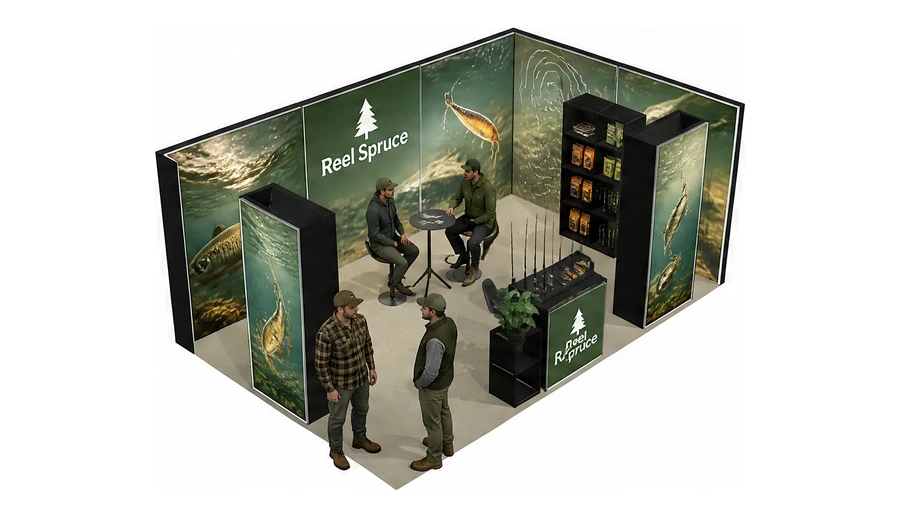Stoisko 6 × 4 m narożne prawe dla branży wędkarstwo, przykładowa marka Reel Spruce