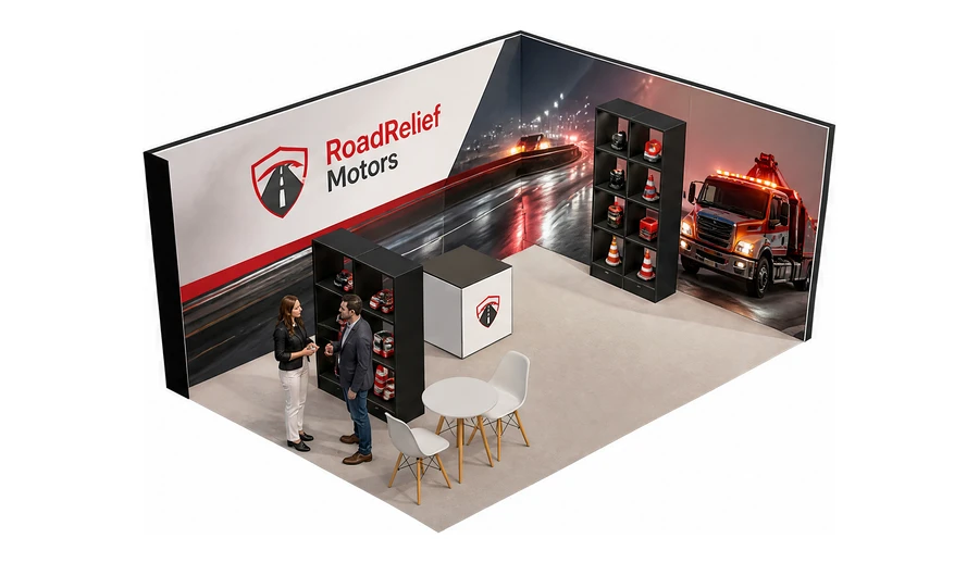 Stoisko 6 × 4 m narożne prawe dla branży pomoc drogowa i lawety, przykładowa marka RoadRelief Motors