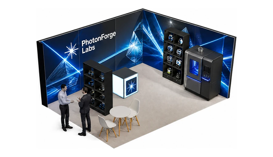Stoisko 6 × 4 m narożne prawe dla branży technika laserowa i fotonika, przykładowa marka PhotonForge Labs