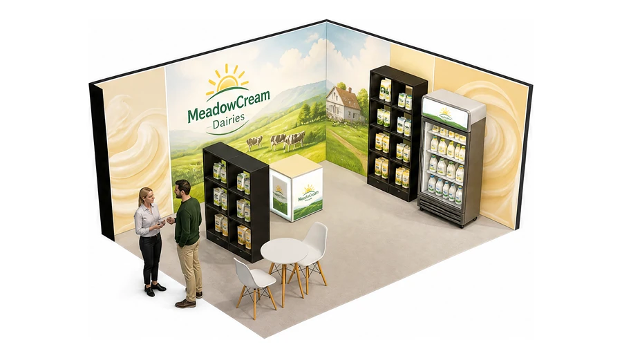 Stoisko 6 × 4 m narożne prawe dla branży nabiał i mleczarstwo, przykładowa marka MeadowCream Dairies