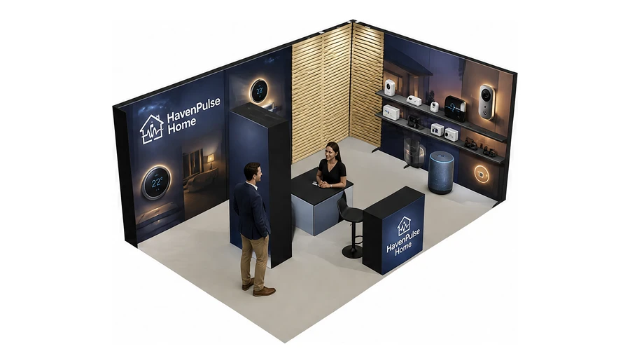 Stoisko 6 × 4 m narożne prawe dla branży smart home i IoT, przykładowa marka HavenPulse Home