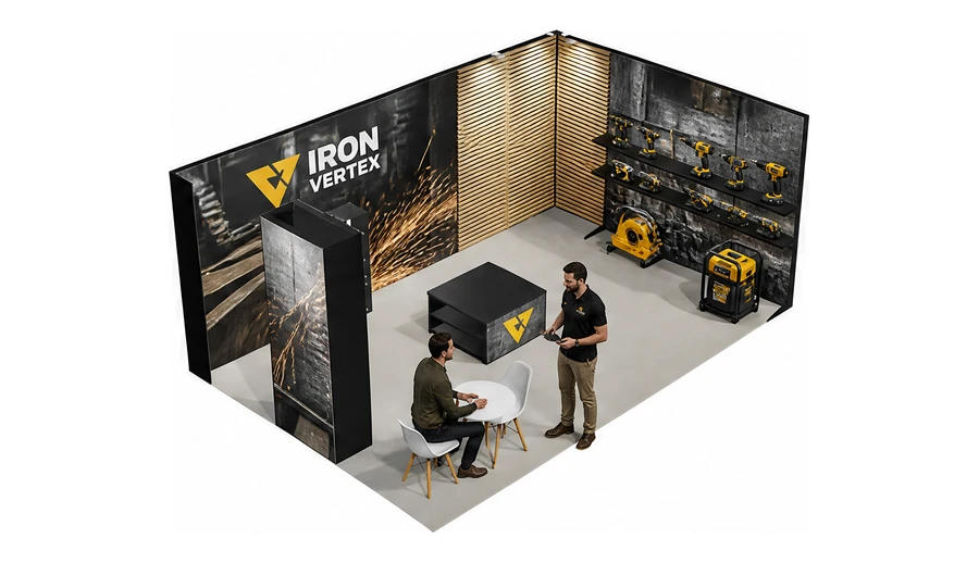 Stoisko 6 × 4 m narożne prawe dla branży elektronarzędzia, przykładowa marka Iron Vertex