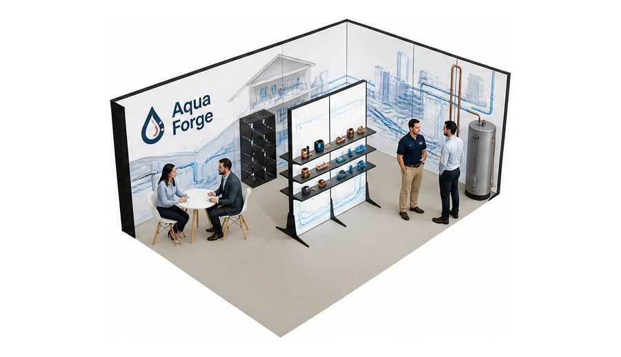Stoisko 6 × 4 m narożne prawe dla branży instalacje wodno-kanalizacyjne, przykładowa marka Aqua Forge