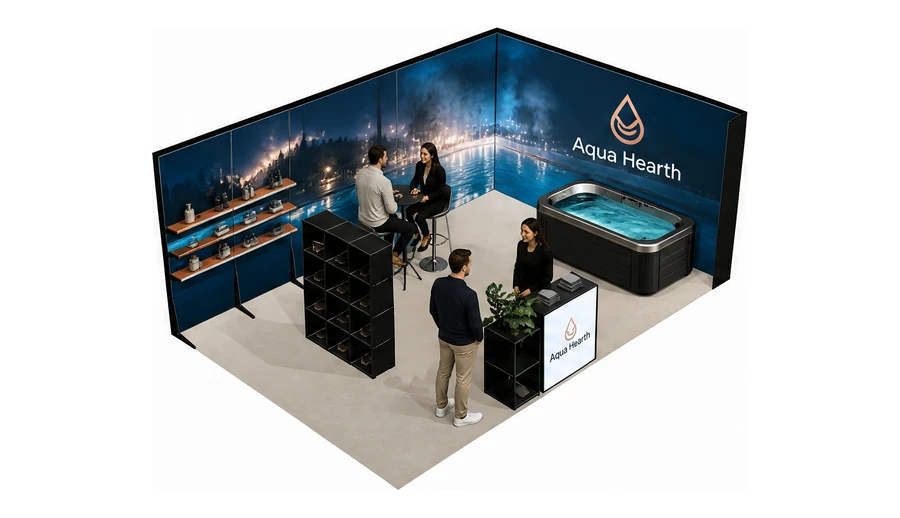 Stoisko 6 × 4 m narożne prawe dla branży baseny i sauny, przykładowa marka Aqua Hearth