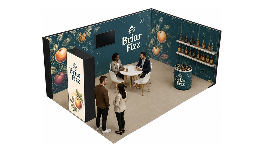 Stoisko 6 × 4 m narożne prawe dla branży napoje, przykładowa marka Briar Fizz