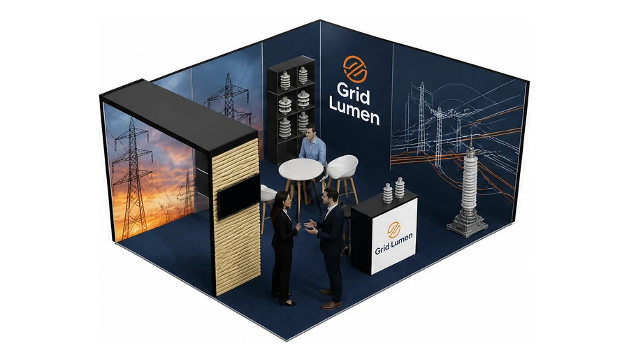 Stoisko 6 × 4 m narożne prawe dla branży energetyka i sieci, przykładowa marka Grid Lumen