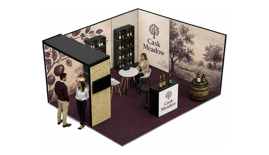 Stoisko 6 × 4 m narożne prawe dla branży napoje, przykładowa marka Cask Meadow