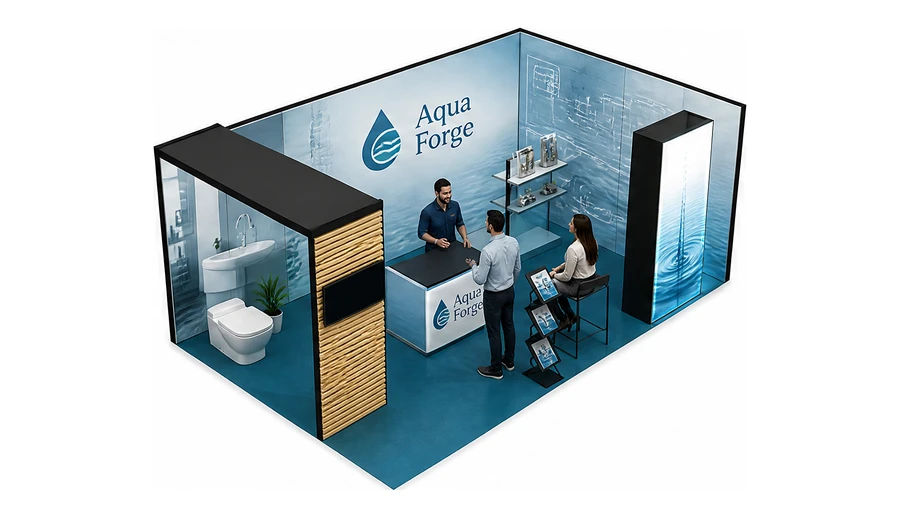 Stoisko 6 × 4 m narożne prawe dla branży instalacje wodno-kanalizacyjne, przykładowa marka Aqua Forge