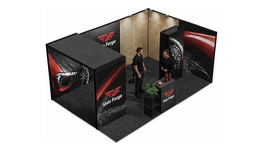 Stoisko 6 × 4 m narożne prawe dla branży tuning i detailing, przykładowa marka Velo Forge