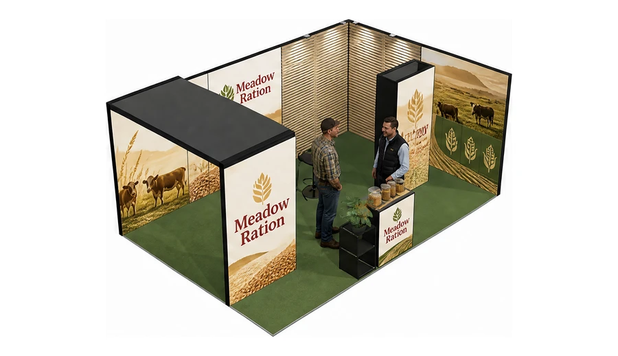Stoisko 6 × 4 m narożne prawe dla branży hodowla i pasze, przykładowa marka Meadow Ration
