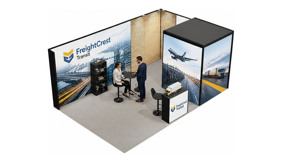 Stoisko 6 × 4 m narożne prawe dla branży logistyka i spedycja, przykładowa marka FreightCrest Transit