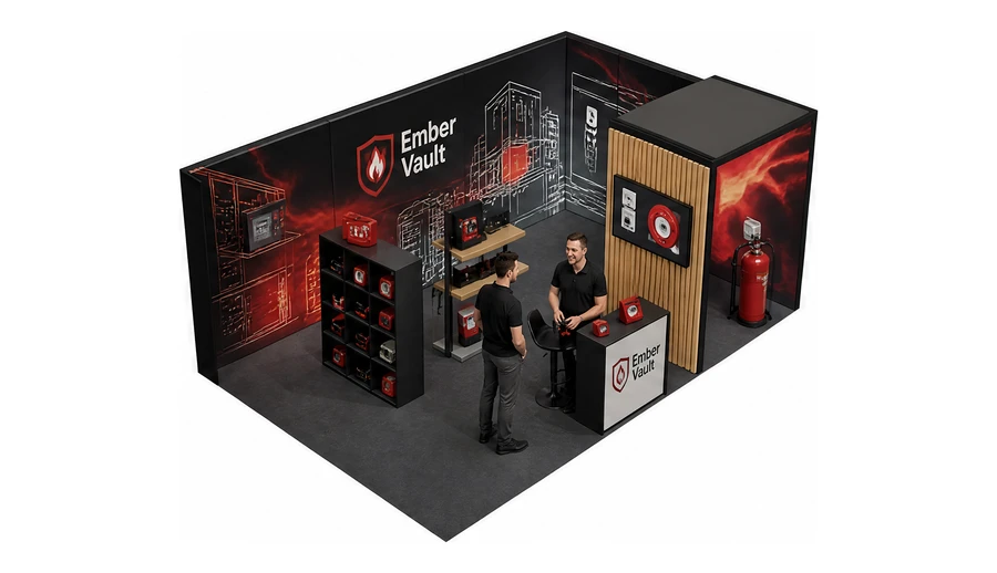 Stoisko 6 × 4 m narożne prawe dla branży ochrona przeciwpożarowa, przykładowa marka Ember Vault