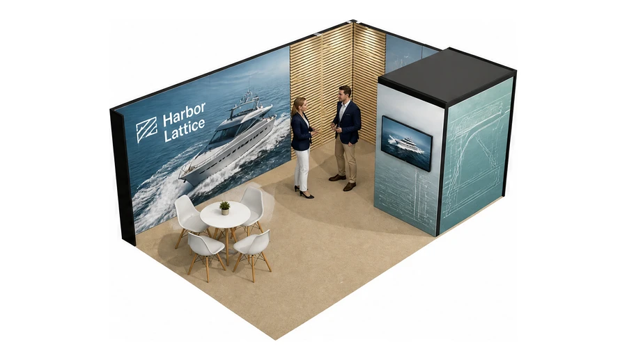 Stoisko 6 × 4 m narożne prawe dla branży jachty i łodzie, przykładowa marka Harbor Lattice