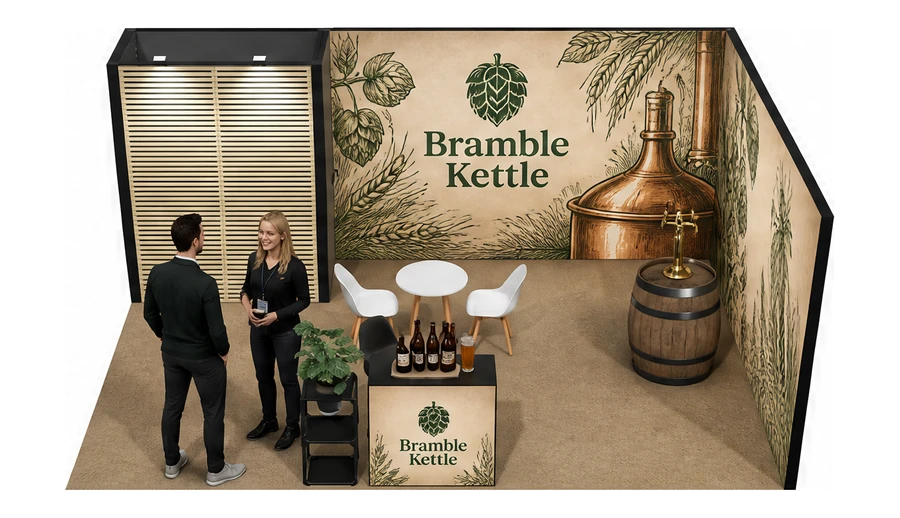 Stoisko 6 × 4 m narożne prawe dla branży browar rzemieślniczy, przykładowa marka Bramble Kettle