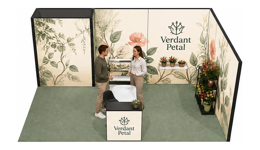 Stoisko 6 × 4 m narożne prawe dla branży rośliny i kwiaciarstwo, przykładowa marka Verdant Petal