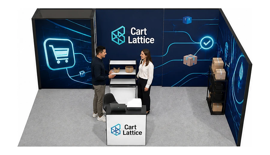 Stoisko 6 × 4 m narożne prawe dla branży e-commerce, przykładowa marka Cart Lattice