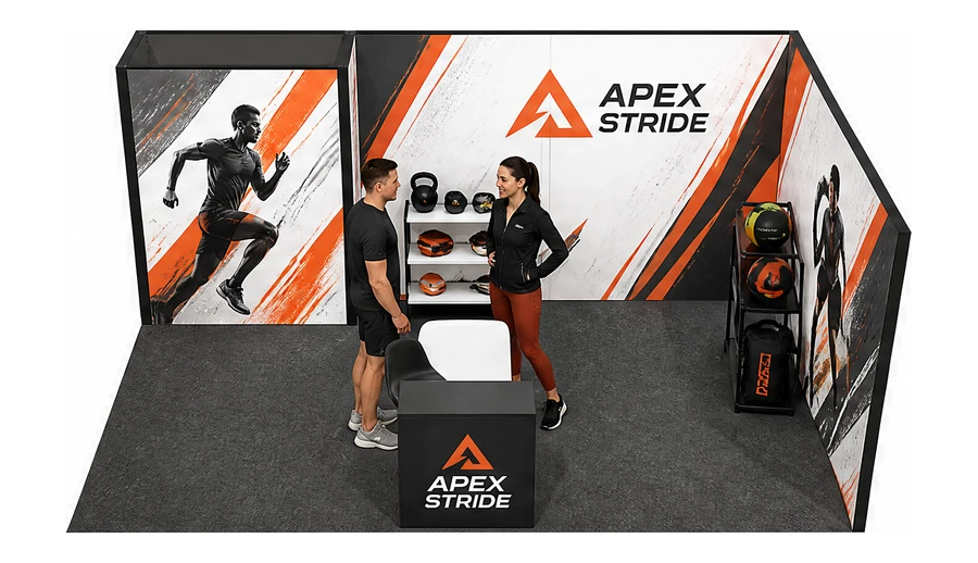 Stoisko 6 × 4 m narożne prawe dla branży sprzęt sportowy, przykładowa marka Apex Stride