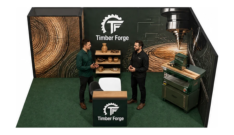 Stoisko 6 × 4 m narożne prawe dla branży maszyny do obróbki drewna, przykładowa marka Timber Forge