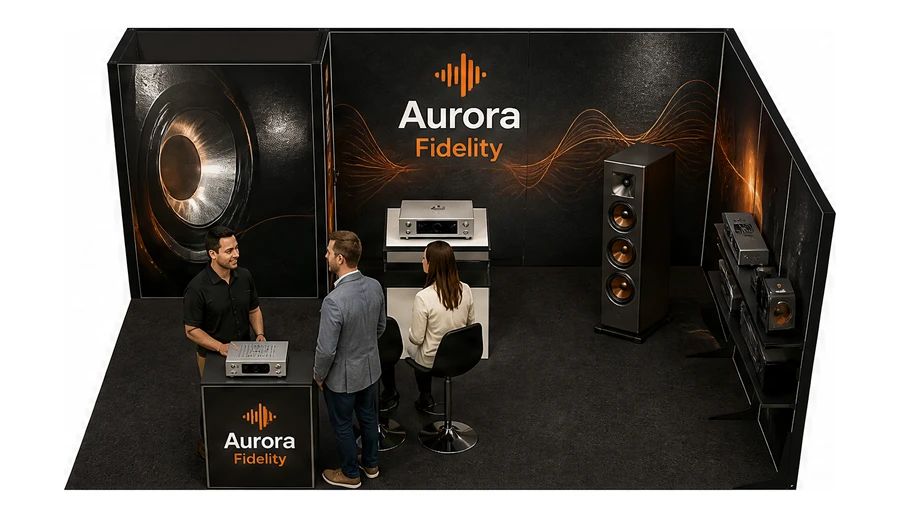 Stoisko 6 × 4 m narożne prawe dla branży sprzęt audio-video, przykładowa marka Aurora Fidelity