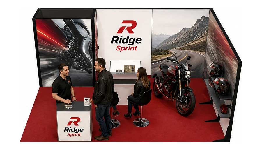 Stoisko 6 × 4 m narożne prawe dla branży motocykle i skutery, przykładowa marka Ridge Sprint