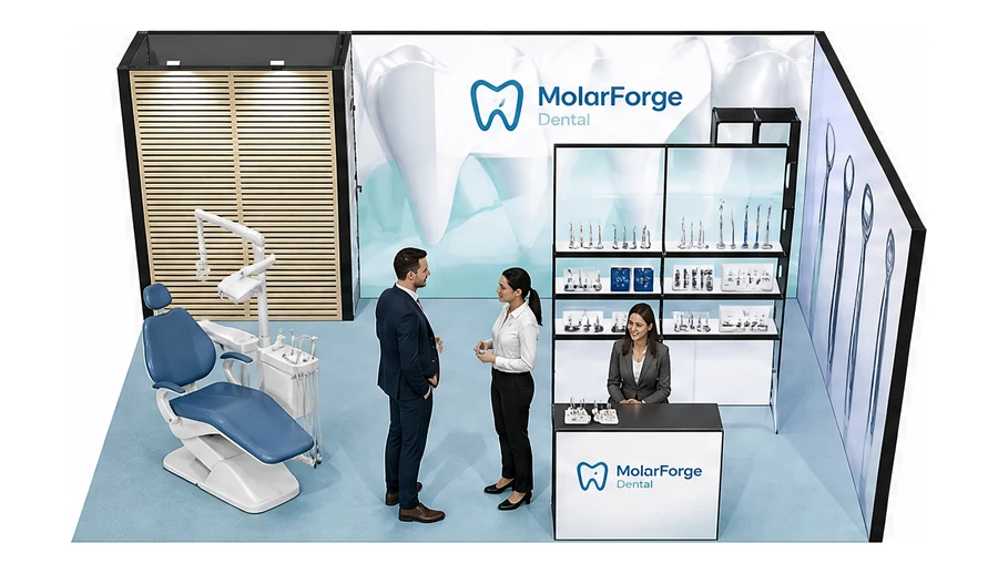 Stoisko 6 × 4 m narożne prawe dla branży stomatologia, przykładowa marka MolarForge Dental