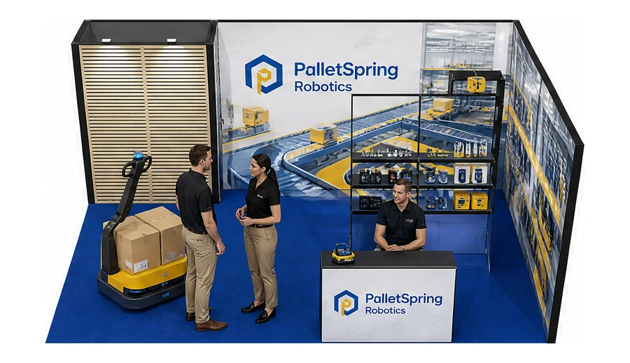 Stoisko 6 × 4 m narożne prawe dla branży intralogistyka i magazyn, przykładowa marka PalletSpring Robotics