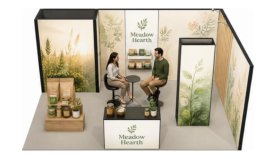 Stoisko 6 × 4 m narożne prawe dla branży żywność ekologiczna, przykładowa marka Meadow Hearth
