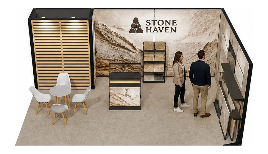 Stoisko 6 × 4 m narożne prawe dla branży materiały budowlane, przykładowa marka Stone Haven