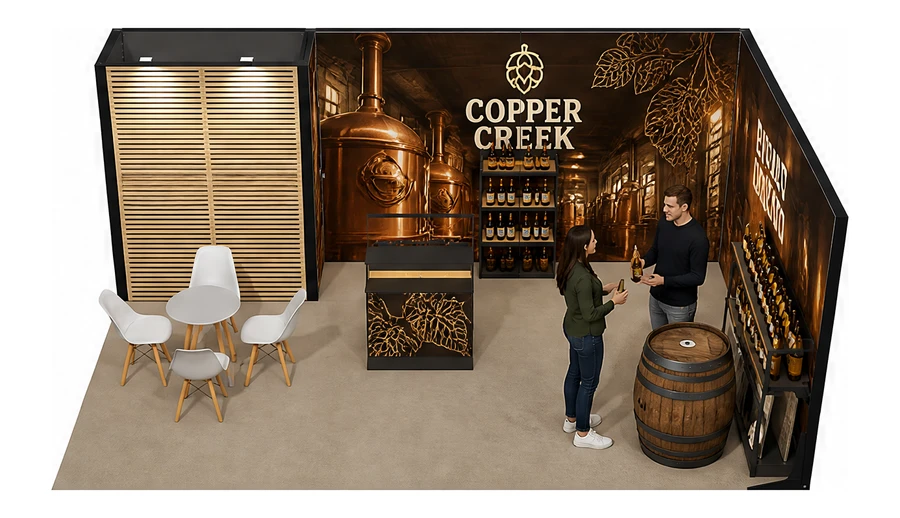 Stoisko 6 × 4 m narożne prawe dla branży browar rzemieślniczy, przykładowa marka Copper Creek