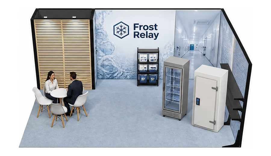 Stoisko 6 × 4 m narożne prawe dla branży łańcuch chłodniczy, przykładowa marka Frost Relay
