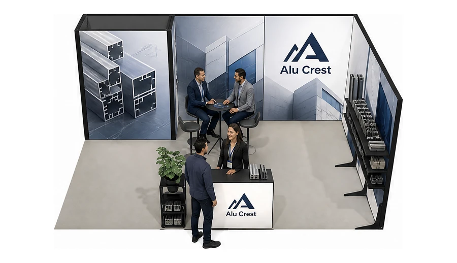 Stoisko 6 × 4 m narożne prawe dla branży profile aluminiowe, przykładowa marka Alu Crest