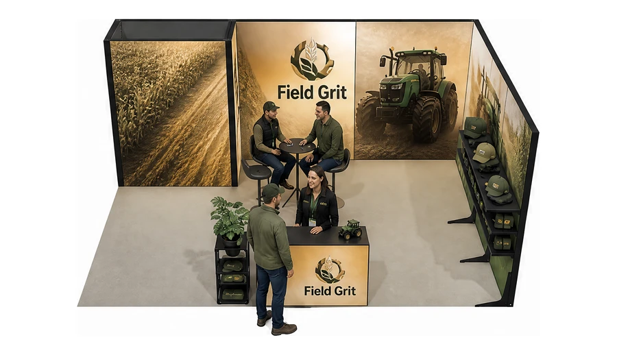 Stoisko 6 × 4 m narożne prawe dla branży maszyny rolnicze, przykładowa marka Field Grit