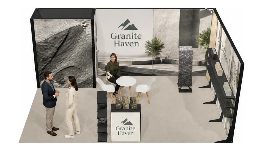 Stoisko 6 × 4 m narożne prawe dla branży kamień i kamieniarstwo, przykładowa marka Granite Haven