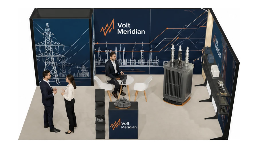 Stoisko 6 × 4 m narożne prawe dla branży energetyka i sieci, przykładowa marka Volt Meridian