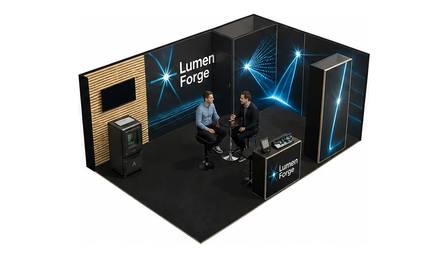 Stoisko 6 × 4 m narożne prawe dla branży technika laserowa i fotonika, przykładowa marka Lumen Forge