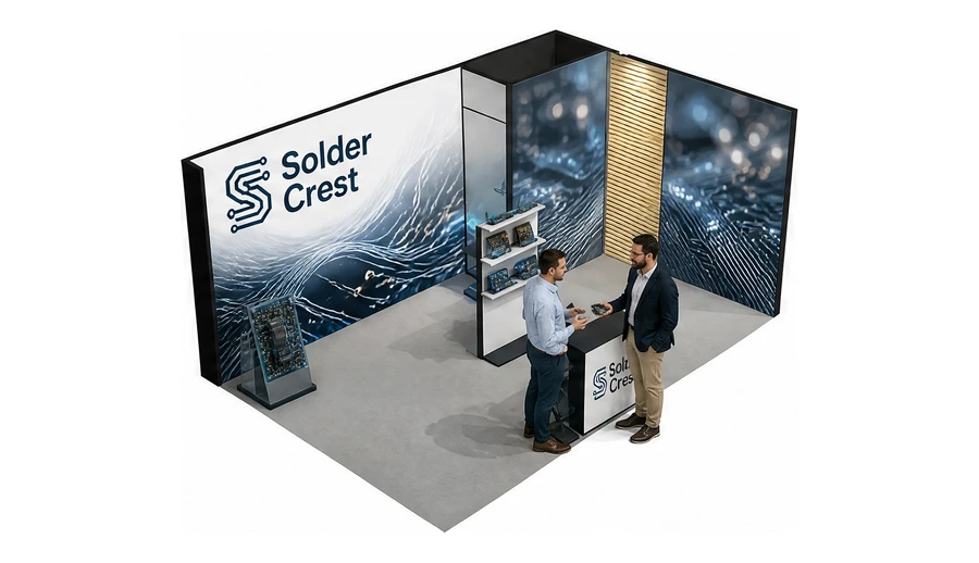 Stoisko 6 × 4 m narożne prawe dla branży komponenty elektroniczne, przykładowa marka Solder Crest